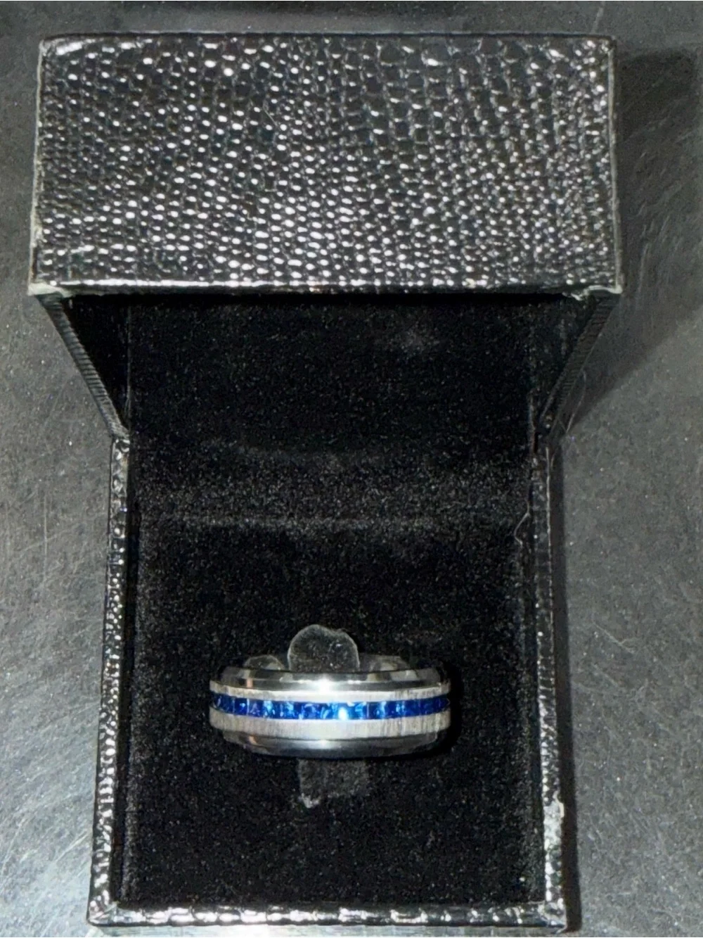 NWT-Men's 2.4Ct Eternity Princess Titanium Wedding Band Simulated Sapphire Blue